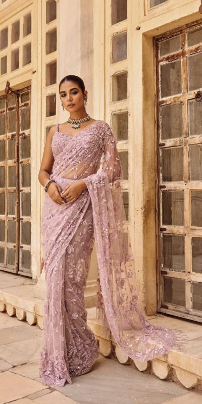 Pink Mono Net Sequins Saree