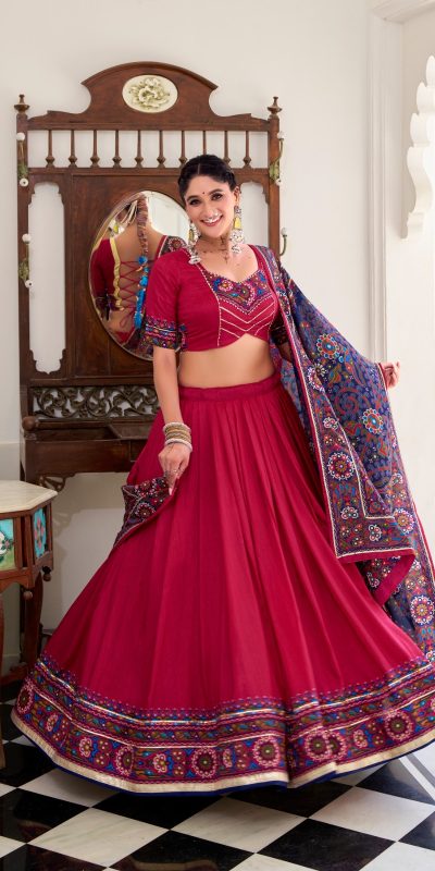 Pink Tasar Gamthi Print Work Lehenga Choli