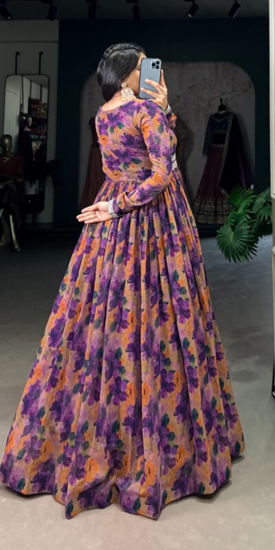 YNF 5019 Purple Color Georgette Floral print with Lace Border Gown Casual, Wedding, Festive, Events . Expected Delivery 4-6 Working Days @1799/- only | Gowns, Bollywood Gowns, Creative Gowns, Designer Gowns, Embroidered Gowns, Party Wear Gowns