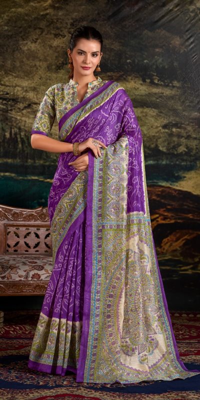purple Green Silk Madhubani Saree