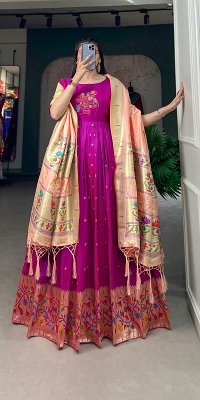 Purple Jacquard Silk Paithani Zari Gown