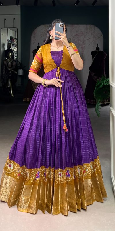 Purple Tasar Chex Patola Print Gown