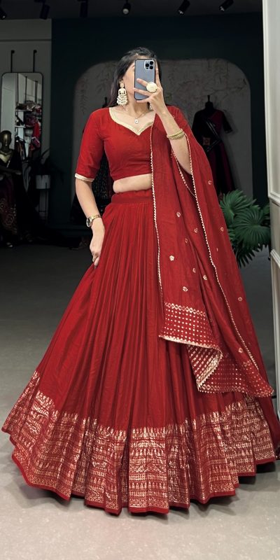 Red Chanderi Weaving Lehenga Choli