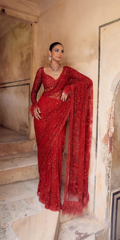 Red Faux Butterfly Net Sequence Saree