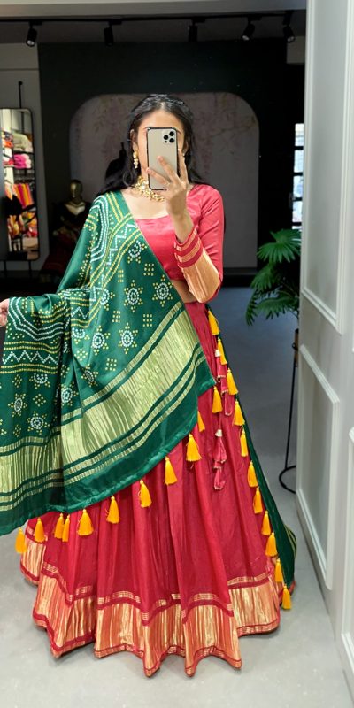 Red Gaji Silk Lagdi patta Lehenga Choli