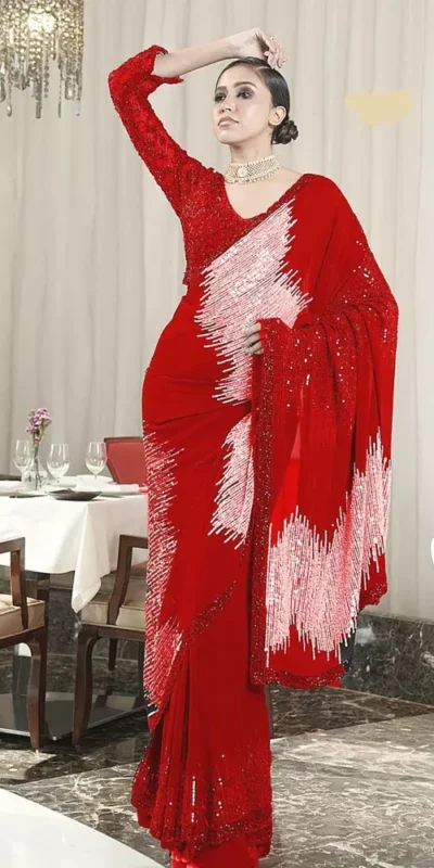 DF 3424 Red Color Georgette Heavy 5MM Sequins embroidery Work Saree Casual, Wedding, Festive, Events . Expected Delivery  4-6 Working Days @1749/- only                                                 | Designer Sarees, Embroidered Sarees, Sarees, Bollywood Sarees, Creative Sarees, Ethnic Saree, Modern Digital sarees, Party Wear Sarees