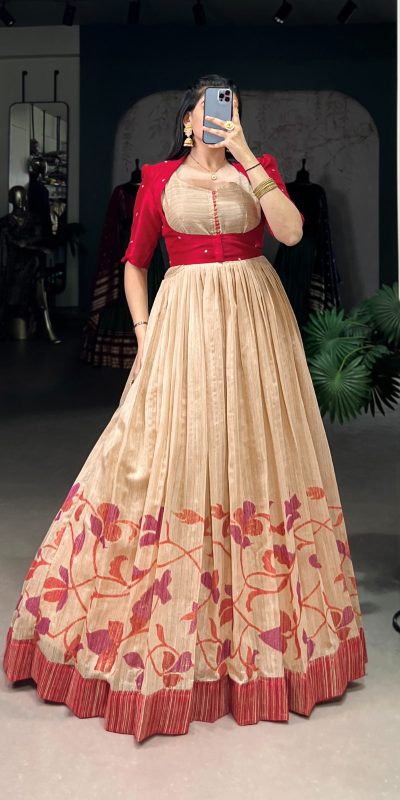Red Green Silk Printed Gown