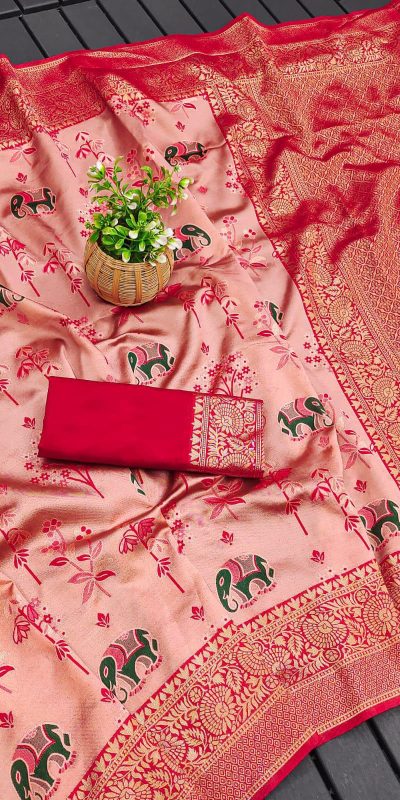 KP 6004 Red Soft Lichi Silk Jacquard Work With Designer Work Saree. Grab it for ₹1499. Delivery 4-6 Working Days. Shop now. | Designer Sarees, Embroidered Sarees, Sarees, Bollywood Sarees, Creative Sarees, Ethnic Saree, Modern Digital sarees, Party Wear Sarees