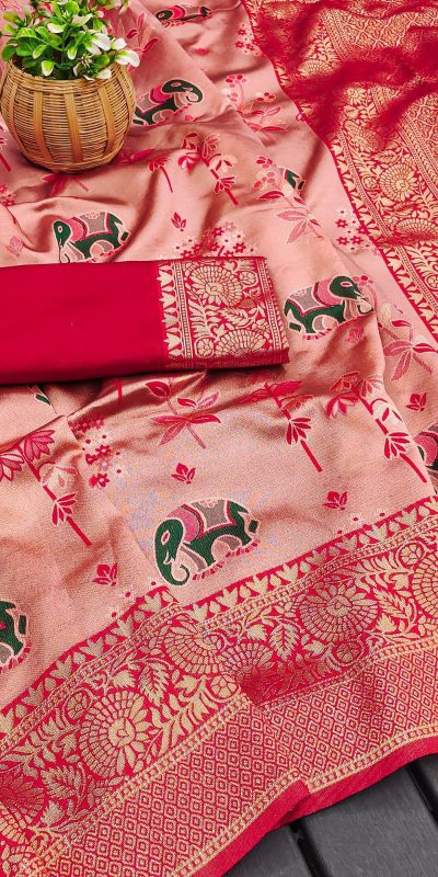 KP 6004 Red Soft Lichi Silk Jacquard Work With Designer Work Saree. Grab it for ₹1499. Delivery 4-6 Working Days. Shop now. | Designer Sarees, Embroidered Sarees, Sarees, Bollywood Sarees, Creative Sarees, Ethnic Saree, Modern Digital sarees, Party Wear Sarees