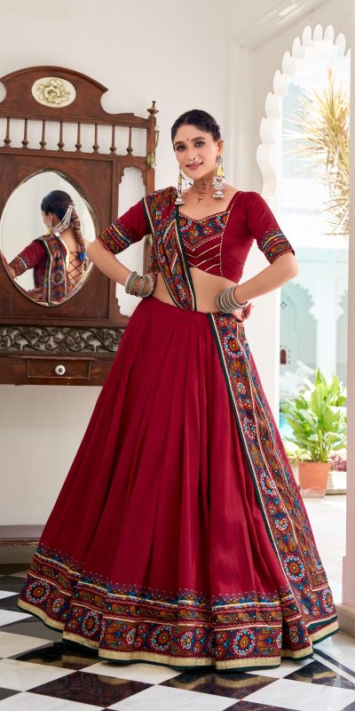 Red Tasar Gamthi Print Work Lehenga Choli