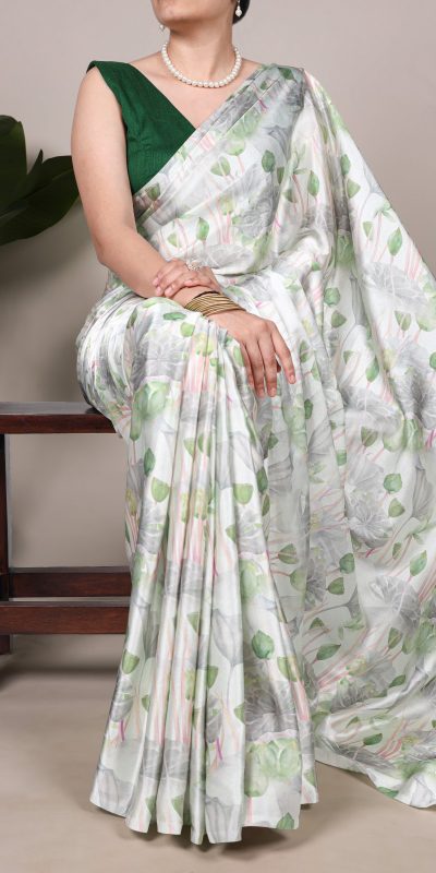 Sea Green Satin Silk Printed Saree