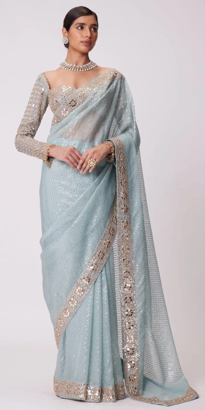Sky Blue Georgette Sequins Saree