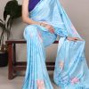 Sky Blue Satin Silk Printed Saree