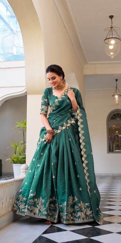 Teal Gold Crush Sequins Embroidery Work Lehenga Choli