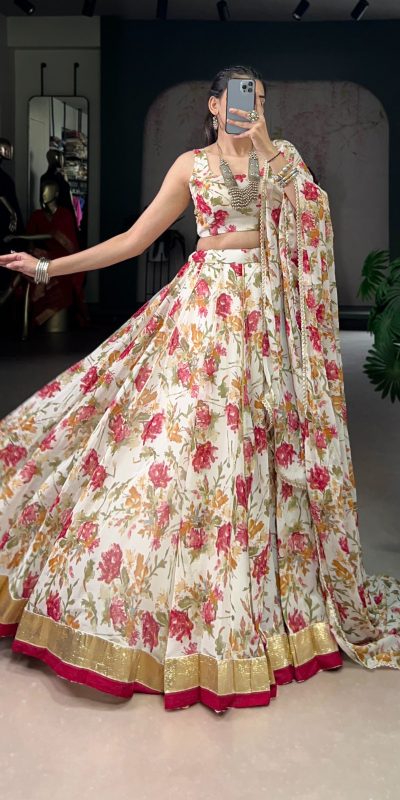 White Chiffon Embossed Lehenga Choli
