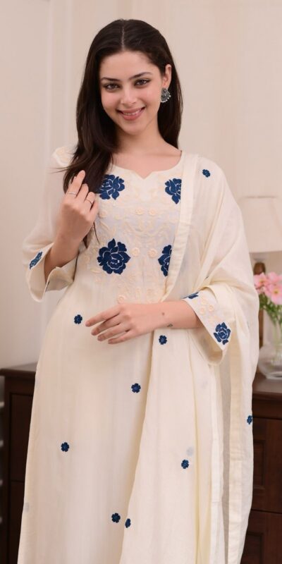 BE 382 White Color Roman Silk Embroidery Work Salwar Suit Casual, Wedding, Festive, Events . Expected Delivery 4-6 Working Days @1949/- only | Casual Suits, Jump Suits, Tops & Bottoms, Track Suits, Salwar suit, Creative suits, Designer Suits, Palazzo Suits, Party Wear Suits, Patiala Suits, Straight Suits, Trendy Wear