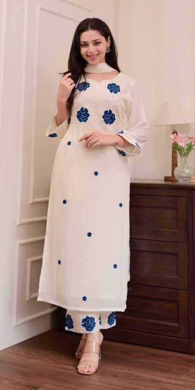 BE 382 White Color Roman Silk Embroidery Work Salwar Suit Casual, Wedding, Festive, Events . Expected Delivery 4-6 Working Days @1949/- only | Casual Suits, Jump Suits, Tops & Bottoms, Track Suits, Salwar suit, Creative suits, Designer Suits, Palazzo Suits, Party Wear Suits, Patiala Suits, Straight Suits, Trendy Wear