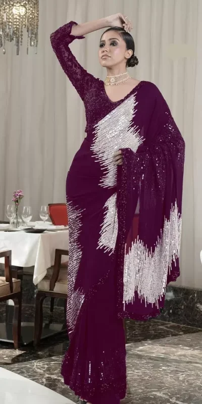 DF 3424 Wine Color Georgette Heavy 5MM Sequins embroidery Work Saree Casual, Wedding, Festive, Events . Expected Delivery  4-6 Working Days @1749/- only                                                 | Designer Sarees, Embroidered Sarees, Sarees, Bollywood Sarees, Creative Sarees, Ethnic Saree, Modern Digital sarees, Party Wear Sarees