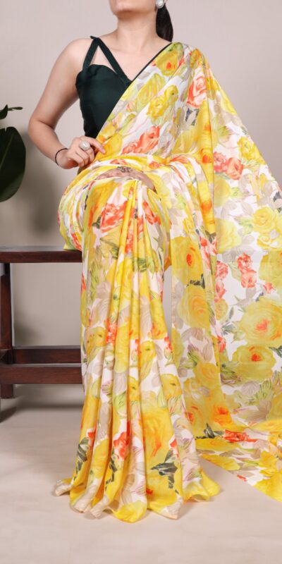 YNF 7017 Yellow Color Dull Satin Floral Printed Saree Casual, Wedding, Festive, Events . Expected Delivery  4-6 Working Days @1499/- only                                                                                | Designer Sarees, Embroidered Sarees, Sarees, Bollywood Sarees, Creative Sarees, Ethnic Saree, Modern Digital sarees, Party Wear Sarees