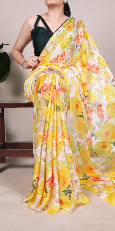 Yellow Dull Satin Printed Saree