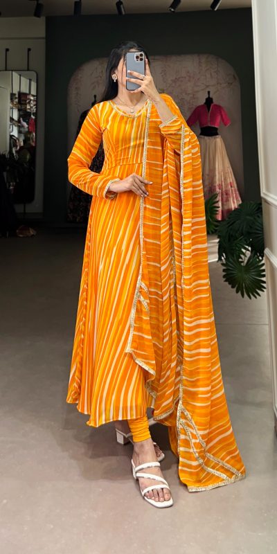 Yellow Georgette Leheriya Gown