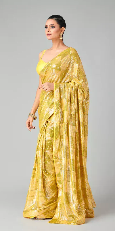 DF 3426 Yellow Color Georgette 5MM Sequins Embroidery Work Saree Casual, Wedding, Festive, Events . Expected Delivery  4-6 Working Days @1749/- only                                                 | Designer Sarees, Embroidered Sarees, Sarees, Bollywood Sarees, Creative Sarees, Ethnic Saree, Modern Digital sarees, Party Wear Sarees