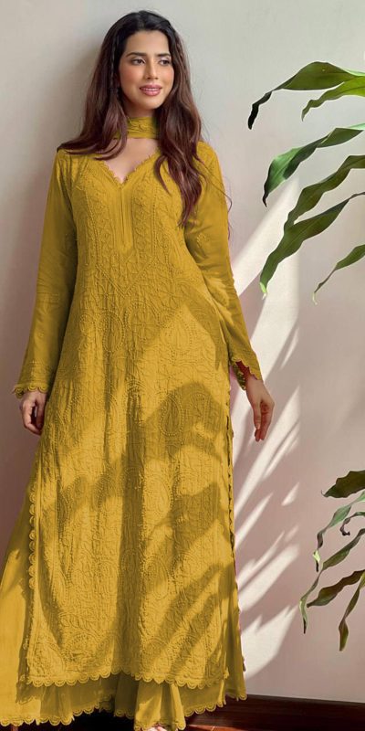 Yellow Georgette Thread Embroidery Salwar Suit