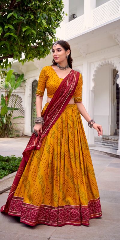 LNB 1250 Yellow Color Tasar Silk Bandhej Print With Gotta Patti Lace Lehenga Choli Festive Party Wedding, Events etc. Delivery 4-6 Working Days @2149/- | Lehenga, Bollywood Lehenga, Creative Lehenga, Designer Lehenga, Embroidered Lehenga, Party Wear Lehenga