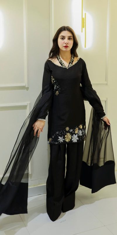 Black Natural Crep Silk Embroidery Salwar Suit