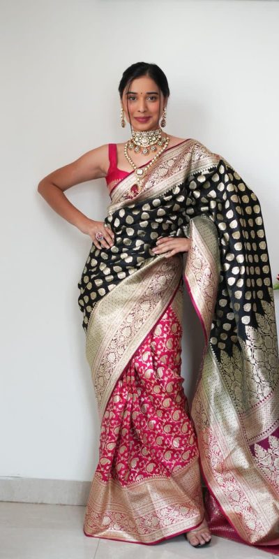 Black Soft Cotton Silk Golden Waving Saree  