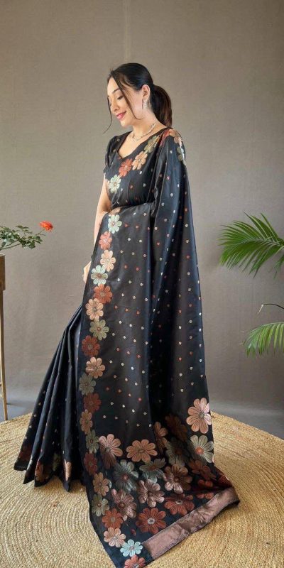 Black Soft Lichi Silk Cloth With Lace Saree