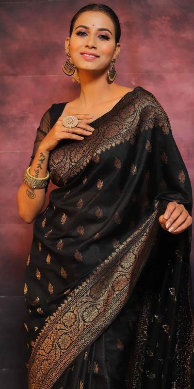 KP 6010 Black Soft Lichi Silk Jacquard Saree Perfect for Wedding, Party, Traditional Day, Family Gatherings, Sangeet . Grab it for ₹1349. Delivery 4-6 W | Designer Sarees, Embroidered Sarees, Sarees, Bollywood Sarees, Creative Sarees, Ethnic Saree, Modern Digital sarees, Party Wear Sarees