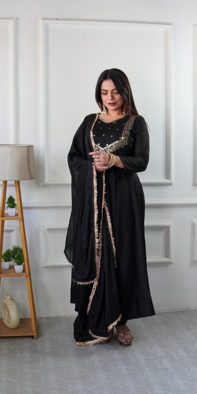 Black Star Georgette Embroidery Lace Work Gown