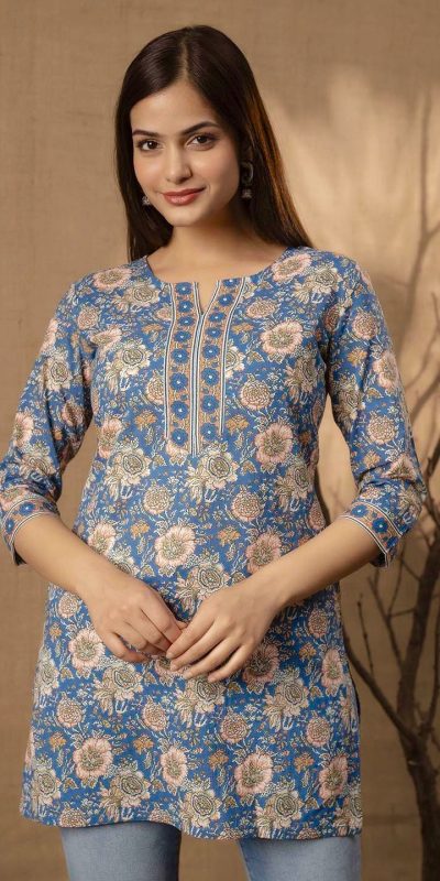 Blue Cotton Printed Kurti