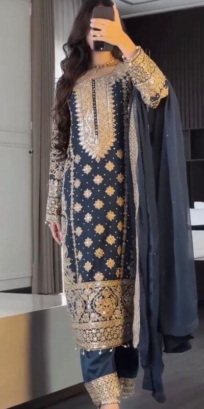 Blue Faux Georgette Embroidery Salwar Suit