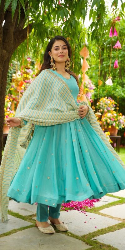 Blue Faux Georgette With Embroidery Work Gown