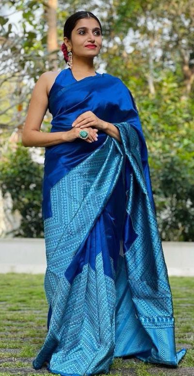 Blue Lichi Silk Lace Border Work Saree