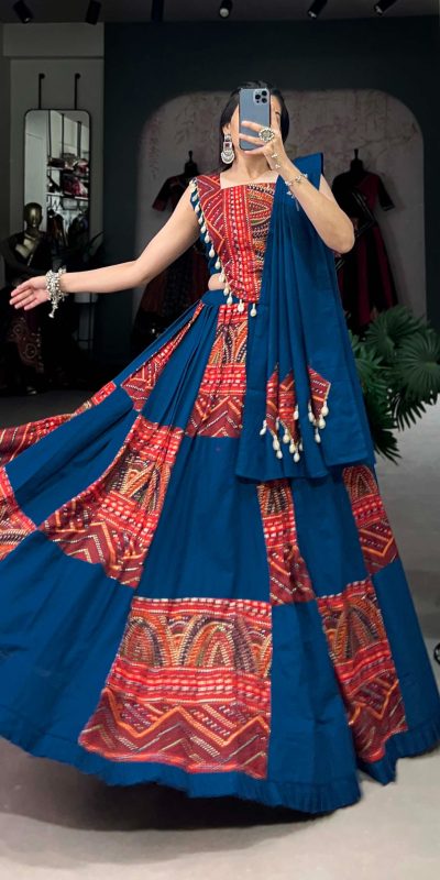 Blue Pure Cotton Lace Lehenga Choli
