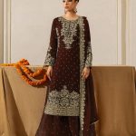 Brown Faux Georgette Lace Work Salwar Suit