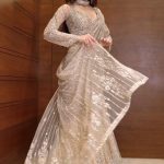 Cream Butterfly Net Embroidery Work Saree
