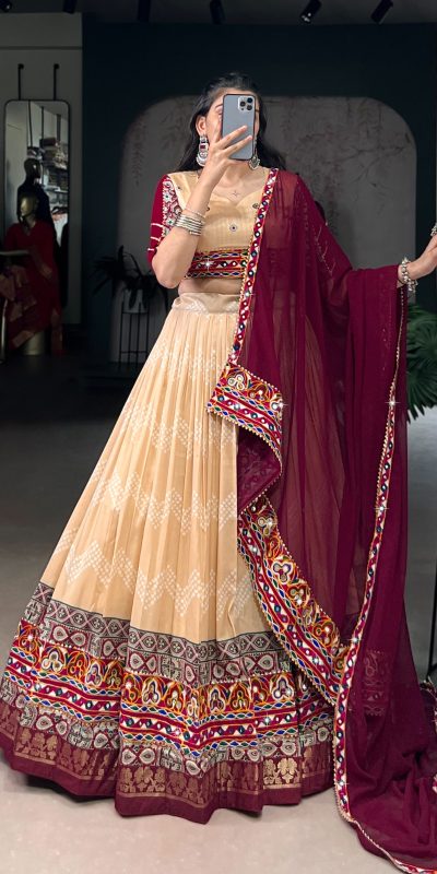 Cream Tasar Silk Gamthi Work Lehenga Choli