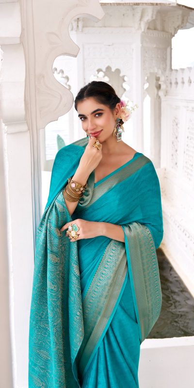 YNF 7902 Firozi Color Chinon Printed With Zari Weaving Work Saree With Zari Work. Best Price ₹1549. Delivery 4-6 Working Days. Shop now. | Designer Sarees, Embroidered Sarees, Sarees, Bollywood Sarees, Creative Sarees, Ethnic Saree, Modern Digital sarees, Party Wear Sarees