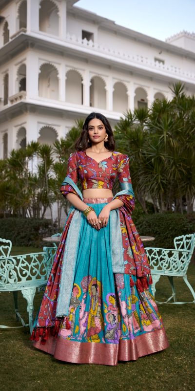 LNB 1231 Firozi Dola Silk Jacquard Silk Kalamkari Print & Zari Work Lehenga Choli in Best Price ₹1899. Delivery 4-6 Working Days. Shop now. | Lehenga, Bollywood Lehenga, Creative Lehenga, Designer Lehenga, Embroidered Lehenga, Party Wear Lehenga