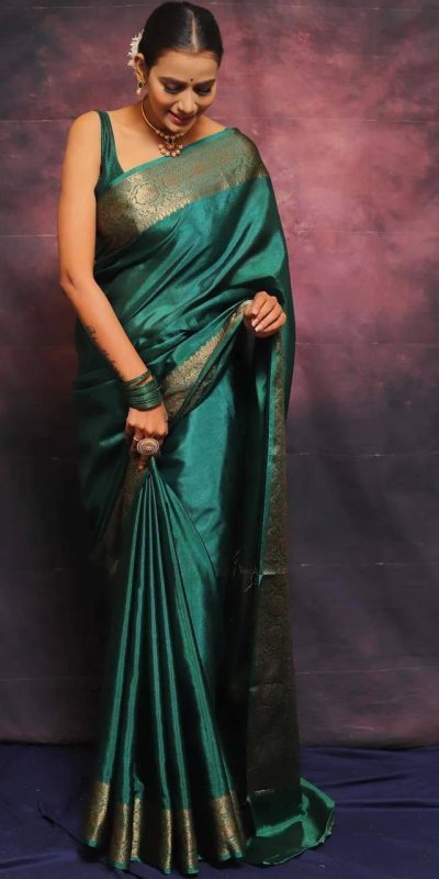 Firozi Soft Lichi Silk Lace Border Saree