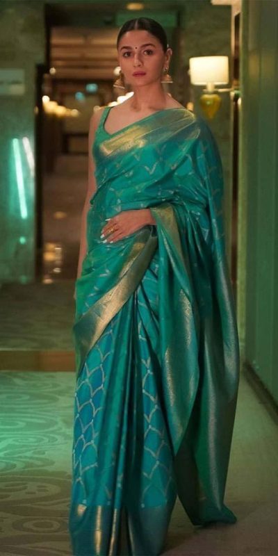 Firozi Soft Lichi Silk With Lace Border Saree