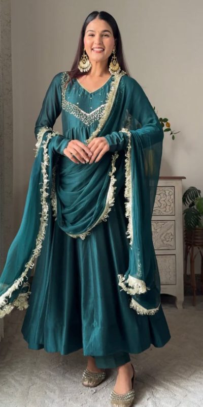 VLM 238 Firozi in Star Georgette. Lace Work Gown Wedding, Party, Festive, Events at ₹1999 only. Delivery 4-6 Working Days. Shop now. | Gowns, Bollywood Gowns, Creative Gowns, Designer Gowns, Embroidered Gowns, Party Wear Gowns