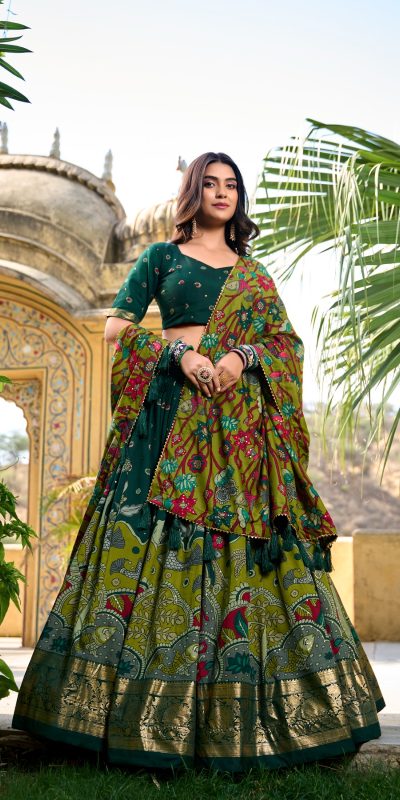 LNB 1219 Green Tasar Silk With Gotta Patti Work & Kalamkari Print Lehenga Choli . Best Price ₹2449. Delivery 4-6 Working Days. Shop now. | Lehenga, Bollywood Lehenga, Creative Lehenga, Designer Lehenga, Embroidered Lehenga, Party Wear Lehenga