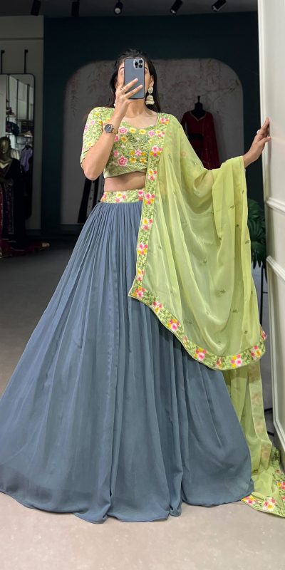 Grey Georgette Sequins Work Embroidery Lehenga Choli