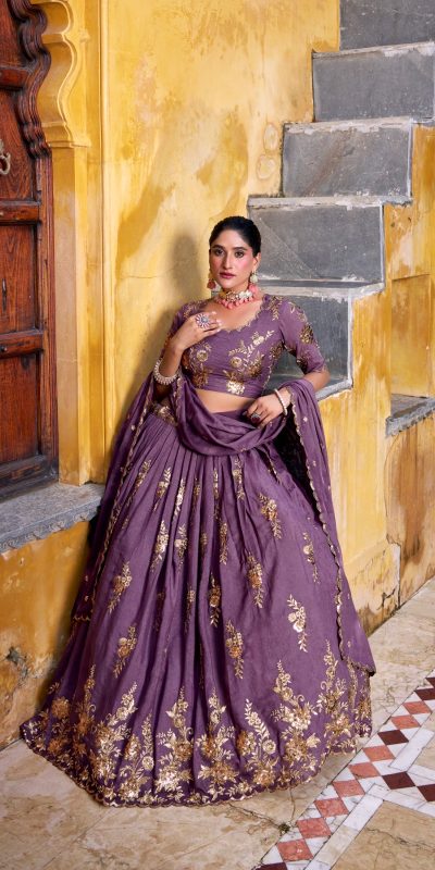 Lavender Chocolate Crush Embroidery Work Lehenga Choli