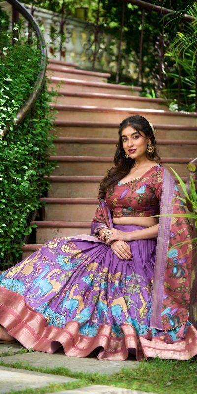 LNB 1222 Lavender Dola Silk With Kalamkari Print & Zari Work Lehenga Choli . Grab it for ₹1899. Delivery 4-6 Working Days. Shop now. | Lehenga, Bollywood Lehenga, Creative Lehenga, Designer Lehenga, Embroidered Lehenga, Party Wear Lehenga